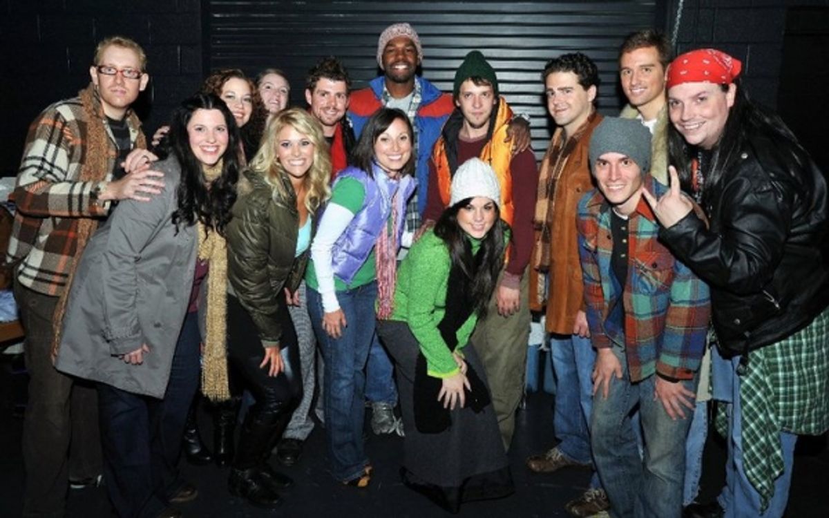 The cast of Rent backstage at First Night, prior to the show's opening number. Pictured are Benjamin Van Diepen, Karrah Tines, Laura Thomas-Sonn, Laura Matula, Christina Candilora, Jay Rudolph, Ciaran McCarthy, Mike Baum, Jeffrey Williams, Alan Smith, Val at 